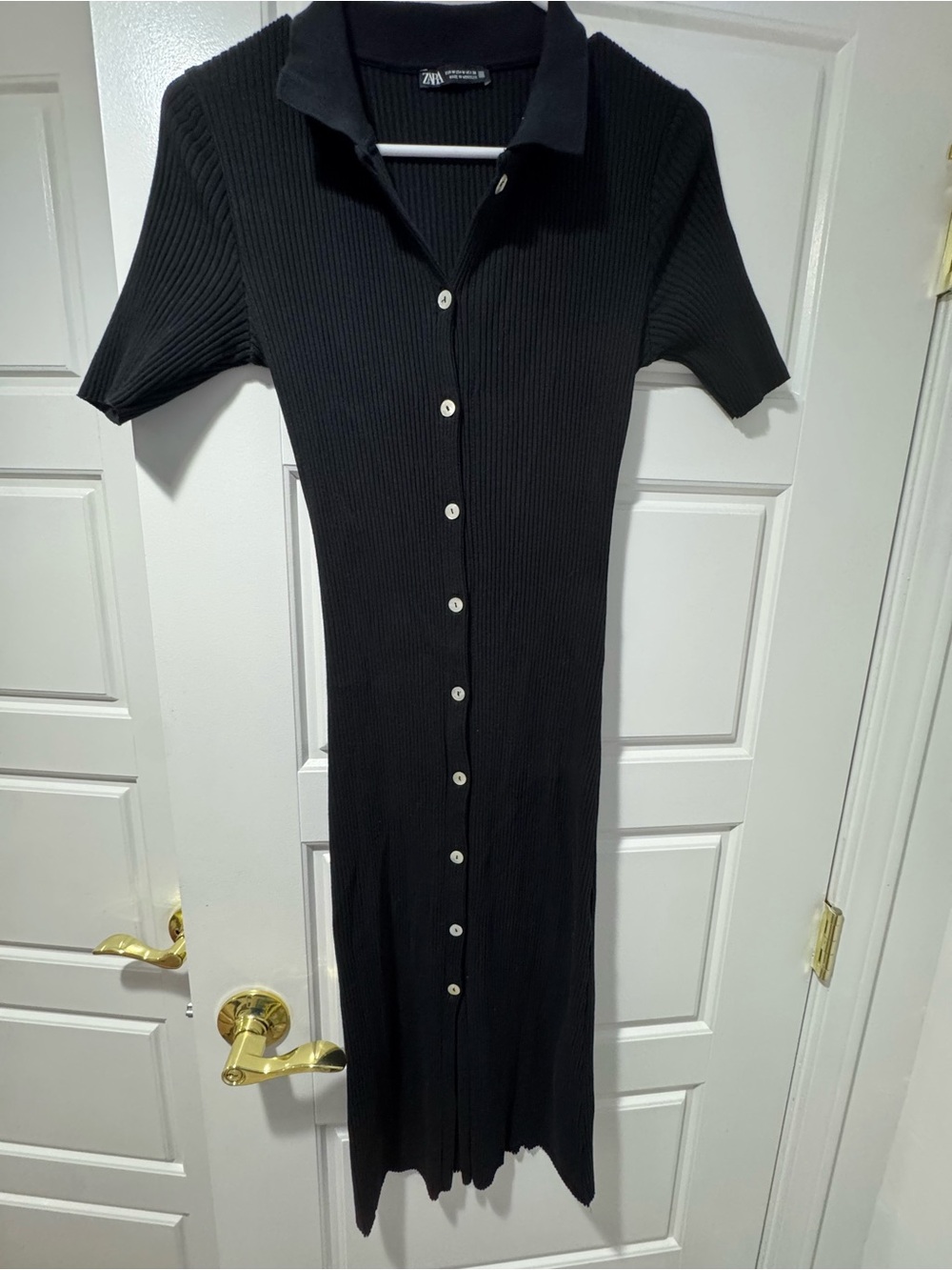 ZARA Black Ribbed Polo-Button Midi Dress